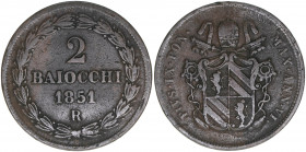 Papst Pius IX.
Kirchenstaat. 2 Baiocci, 1851 R. 19,57g
Khant/Schön 67
ss