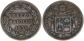 Papst Gregor XVI.
Kirchenstaat. Mezzo Baiocco, 1836. 4,75g
ss+