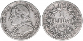 Papst Pius IX.
Kirchenstaat. 1 Lira, 1866. 4,88g
Kahnt/Schön 86
ss-
