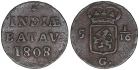 Indien - Batavische Republik 1799-1806
Niederlande. 1 Duit - 5 1/6 Stuiver, 1808. 2,83g
Kahnt/Schön 13
ss