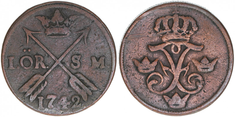 Friedrich I. von Hessen-Kassel
Schweden. 1 Öre, 1742. 15,14g
KM 416
ss-