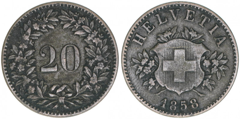 Eidgenossenschaft
Schweiz. 20 Rappen, 1858. 3,15g
Khant/Schön 7
ss