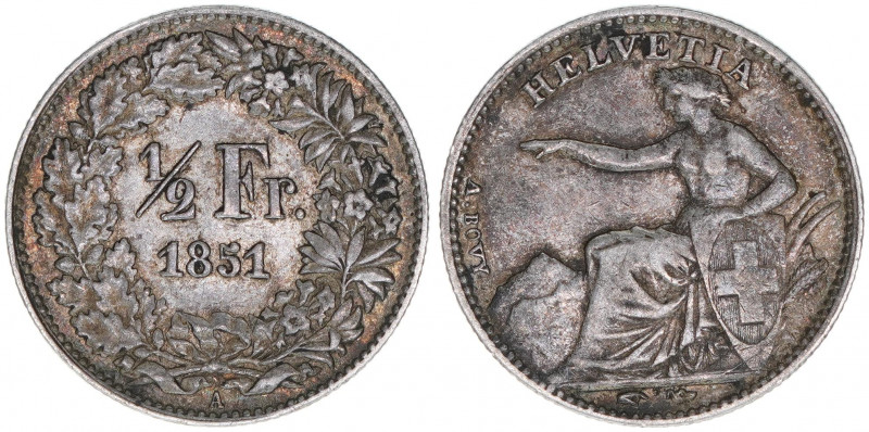 Eidgenossenschaft
Schweiz. 1/2 Franken, 1851. 2,95g
ss