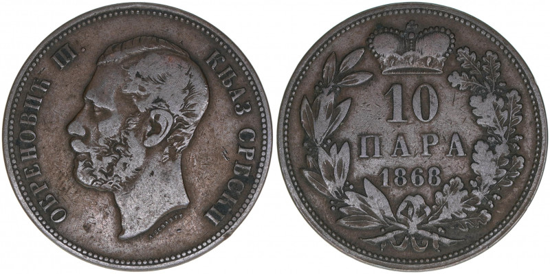 Michael III Obrenowitsch
Serbien. 10 Para, 1868. 10,12g
Kahnt/Schön 3
ss-