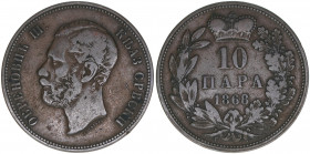 Michael III Obrenowitsch
Serbien. 10 Para, 1868. 10,12g
Kahnt/Schön 3
ss-