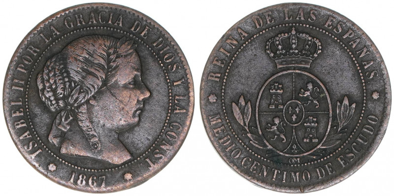Isabella II. 1833-1868
Spanien. 1/2 Centesimo, 1867. 1,20g
Kahnt/Schön 125
ss