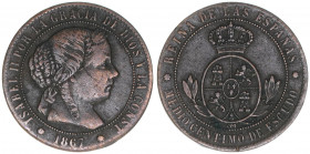 Isabella II. 1833-1868
Spanien. 1/2 Centesimo, 1867. 1,20g
Kahnt/Schön 125
ss