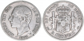 Alfons XII.
Spanien. 2 Pesetas, 1882. 9,69g
Khant/Schön 165
ss