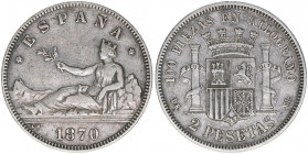 Provisorische Regierung 1868-1870
Spanien. 2 Pesetas, 1870. 9,93g
Khant/Schön 148
vz