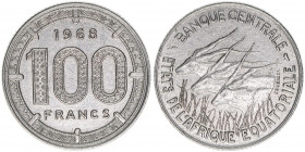 100 Francs, 1968
Zentralafrikanische Staaten. Nickel - drei Riesenantilopen. 12,06g
stfr