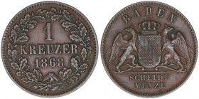 Friedrich Großherzog von Baden
Baden. 1 Kreuzer, 1868. 4,32g
AKS 132
vz-