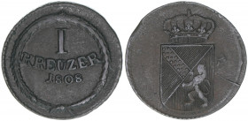 Carl Friedrich 1738-1811
Baden. 1 Kreuzer, 1808. 5,31g
AKS 20
Rf.
ss+