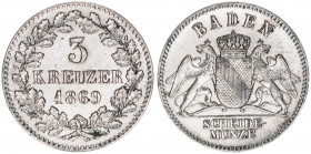 Friedrich Großherzog von Baden
Baden. 3 Kreuzer, 1869. 1,26g
AKS 130
vz