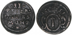 Friedrich Wilhelm 1640-1688
Brandenburg. 2 Pfennige, 1657. 0,48g
v.Schr.1506
ss