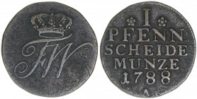 Friedrich Wilhelm II. 1786-1797
Brandenburg. 1 Pfennig, 1788 A. 3,19g
Olding 15
ss+