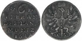 Friedrich III.
Brandenburg. 6 Pfennige, 1688. 1,34g
Schrötter 639
ss