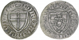 Hochmeister Martin Truchseß von Wetzhausen 1477-1489
Deutscher Orden. Schilling, ohne Jahr. sehr selten
1,58g
Dudik 62
ss+