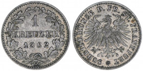 Freie Reichsstadt
Frankfurt am Main. 1 Kreuzer, 1862. Adler mit herzförmigen Leib
0,87g
AKS 28
vz