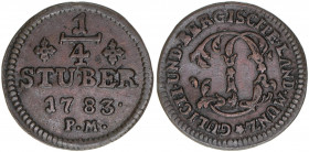 Karl Theodor 1742-1799
Jülich Berg. 1/4 Stüber, 1783. 3,49g
Schön 94
ss/vz