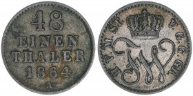 Friedrich Wilhelm 1860-1904
Mecklenburg-Strelitz. 1/48 Taler, 1864 A. 1,26g
AKS 72
ss+