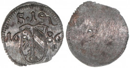 Pfennig, 1686
Reichsstadt Nürnberg. Nürnberg. 0,24g
Kellner 335
vz/stfr