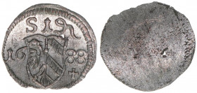 Pfennig, 1688
Reichsstadt Nürnberg. Nürnberg. 0,35g
Kellner 335
Schrötlingsfehler
vz