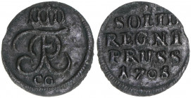 Friedrich I. 1701-1713
Preussen. 1 Schilling, 1705. 0,57g
Schön 7
vz-