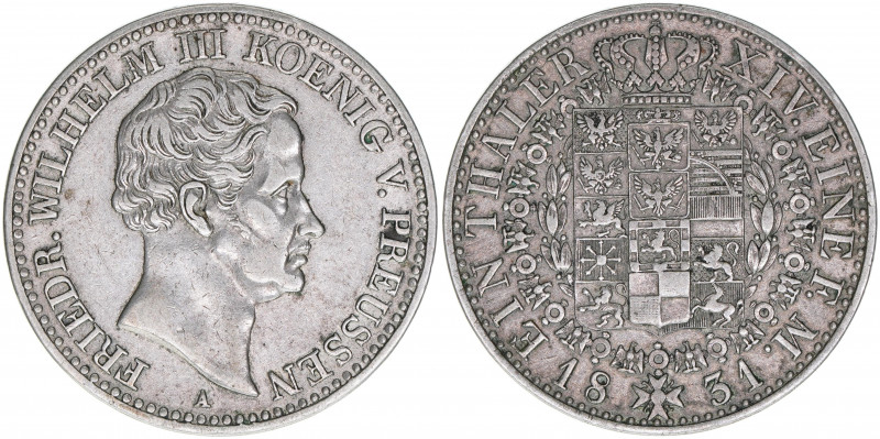 Friedrich Wilhelm III. 1797-1840
Preussen. Vereinstaler, 1831 A. 22,13g
AKS 17
s...