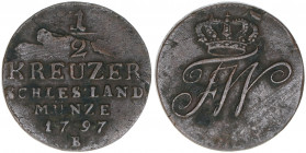 Friedrich Wilhelm III. 1797-1840
Brandenburg Preussen. 1/2 Kreuzer, 1797 B. Breslau
3,94g
ss
