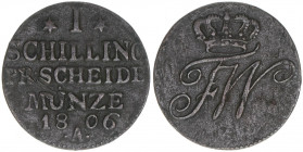 Friedrich Wilhelm III. 1797-1840
Ost- und Westpreussen. 1 Schilling, 1806 A. 2,24g
AKS 44
ss+