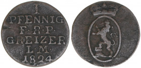 Heinrich XIX.1817-1836
Reuss ältere Linie. 1 Pfennig, 1824. 1,46g
AKS 11
ss-