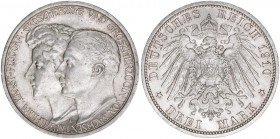 Grossherzog Wilhelm Ernst / Feodora
Herzogtum Sachsen-Weimar-Eisenach. 3 Mark, 1910 A. auf die Vermählung am 4. Jänner 1910
16,71g
AKS 46
vz