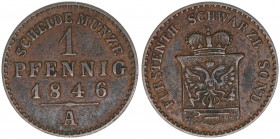 1 Pfennig, 1846 A
Schwarzenburg Sondershausen. 1,49g. AKS 42
ss