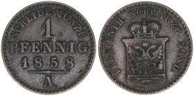 1 Pfennig, 1858 A
Schwarzenburg Sondershausen. 1,47g. AKS 42
ss+