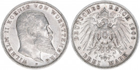 Wilhelm II. 1888-1918
Württemberg. 3 Mark, 1908 F. 16,62g
AKS 144
ss/vz