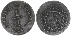 Wilhelm I. 1816-1864
Württemberg. 1/2 Kreuzer, 1824. 0,55g
AKS 114
ss/vz