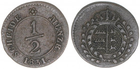 Wilhelm I. 1816-1864
Württemberg. 1/2 Kreuzer, 1831. 0,55g
AKS 114
ss