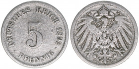 Deutsches Reich 1871-1918
5 Pfennig, 1892 E. Auflage 346000
2,39g
AKS 16
ss-