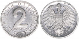 Verkehrsmünzen
2 Groschen, 1967. Auflage 13.000, nur in PP ausgegeben
Wien
0,92g
ANK 6
PP