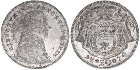 Hieronymus Graf Colloredo 1772-1803
Erzbistum Salzburg. 20 Kreuzer, 1774. Salzburg
6,63g
Zöttl 3264, Probszt 2472
ss/vz