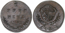 Hieronymus Graf Colloredo 1772-1803
Erzbistum Salzburg. 1 Pfennig, 1792. Salzburg
1,25g
Zöttl 3391, Probszt 2590
ss/vz