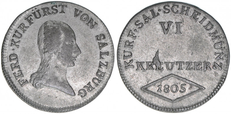 Kurfürst Erzherzog Ferdinand
Salzburg. VI Kreuzer, 1805. ohne Signatur
Salzburg
...