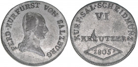 Kurfürst Erzherzog Ferdinand
Salzburg. VI Kreuzer, 1805. ohne Signatur
Salzburg
2,48g
Zöttl 3417
ss