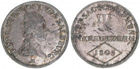 Kurfürst Erzherzog Ferdinand
Salzburg. III Kreuzer, 1805. mit Signatur M
Salzburg
1,27g
Zöttl 3425
ss/vz