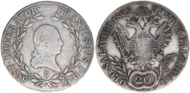 Kaiser Franz I.
Salzburg. 20 Kreuzer, 1808 D. Salzburg
6,60g
Zöttl 3442
ss-