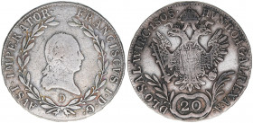 Kaiser Franz I.
Salzburg. 20 Kreuzer, 1808 D. Salzburg
6,60g
Zöttl 3442
ss-