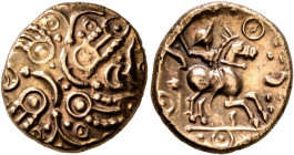 BRITAIN. Trinovantes & Catuvellauni. Tasciovanus, circa 25-10 BC. Stater (Gold, 18 mm, 5.42 g), Warrior (Trinovantian N) type. Two crossed wreaths, on...