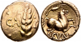 BRITAIN. Trinovantes & Catuvellauni. Cunobelin, circa 10-43. Stater (Gold, 17 mm, 5.45 g, 11 h), Camulodunum (Colchester). CA-M[V] Grain ear. Rev. CVN...