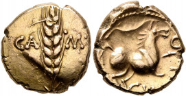 BRITAIN. Trinovantes & Catuvellauni. Cunobelin, circa 10-43. Stater (Gold, 16 mm, 5.52 g, 11 h), Camulodunum (Colchester). CA-MV Grain ear. Rev. CVNO ...