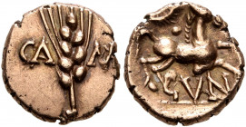 BRITAIN. Trinovantes & Catuvellauni. Cunobelin, circa 10-43. 1/4 Stater (Gold, 11 mm, 1.34 g, 7 h), Camulodunum (Colchester). CA-M[V] Grain ear. Rev. ...